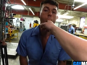 Horny guys 3some fucking in the workshop asian male gay sex videos